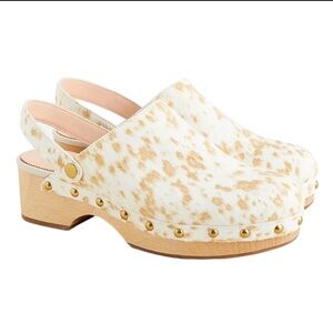 J.Crew White and Tan Spotted Animal Print Calf Hair Leather Clog Mules, Size 8.5